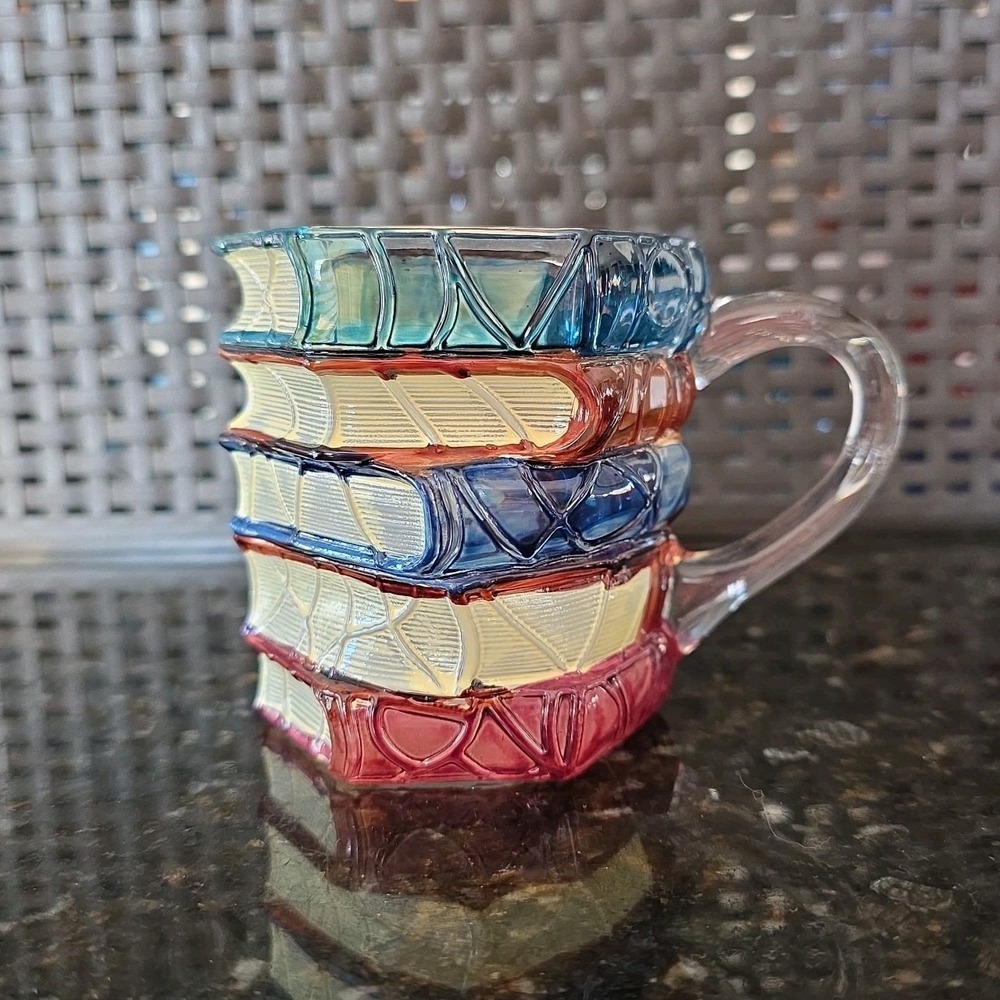 PAINTED GLASS 3D BOOK MUG Stacked Books Cup Hand Painted Stained Glass